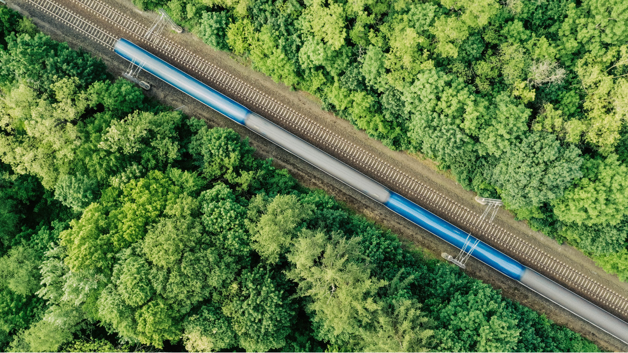 Aerial view of a train driving through a forest